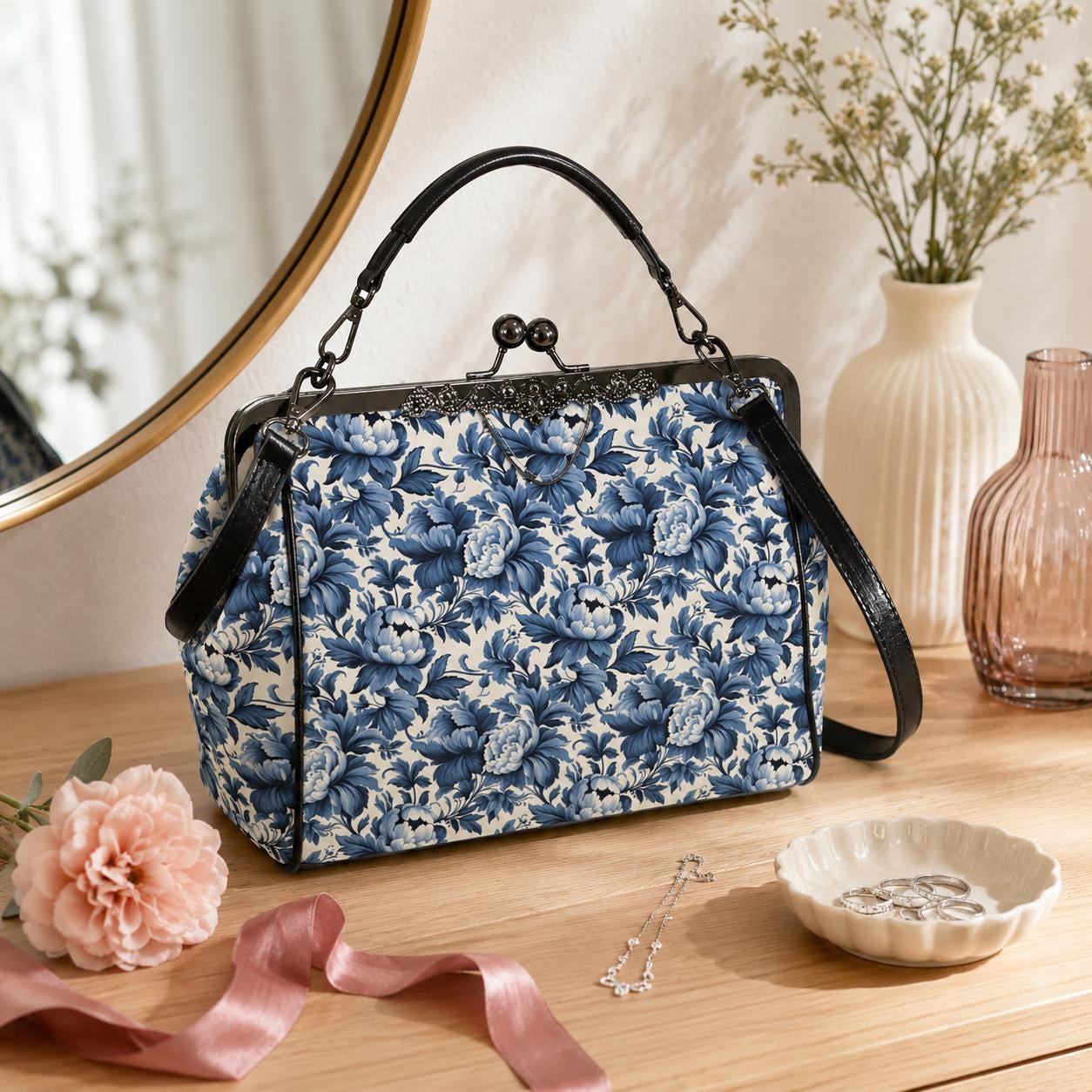 Blue Peony Chinoiserie Kiss-Lock PU Leather Crossbody Bag