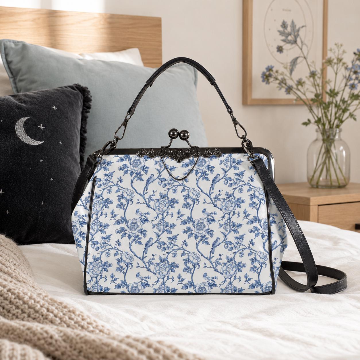 Blue Chinoiserie Floral Kiss-Lock PU Leather Crossbody Bag