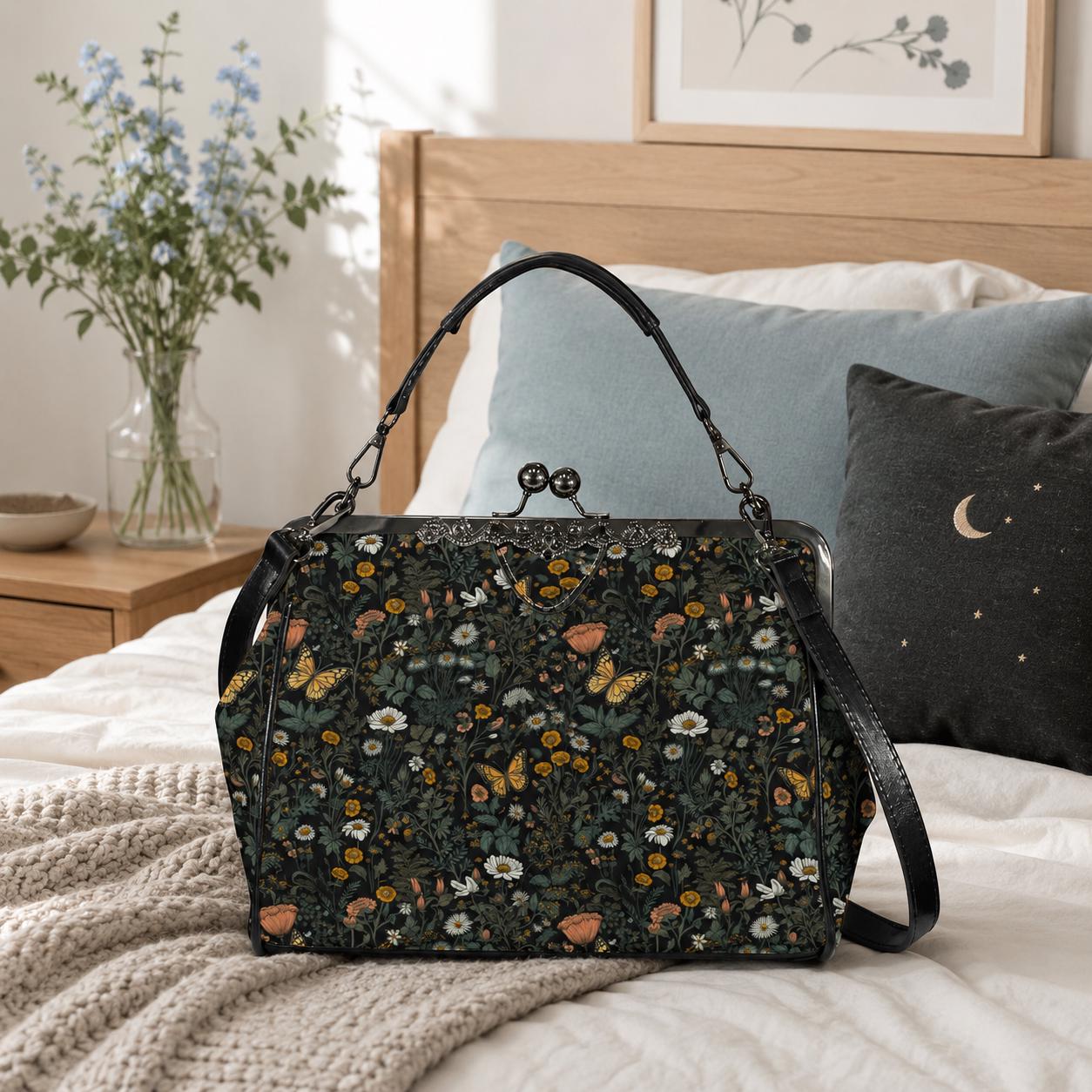 Dark Wildflower Butterfly Kiss-Lock PU Leather Crossbody Bag