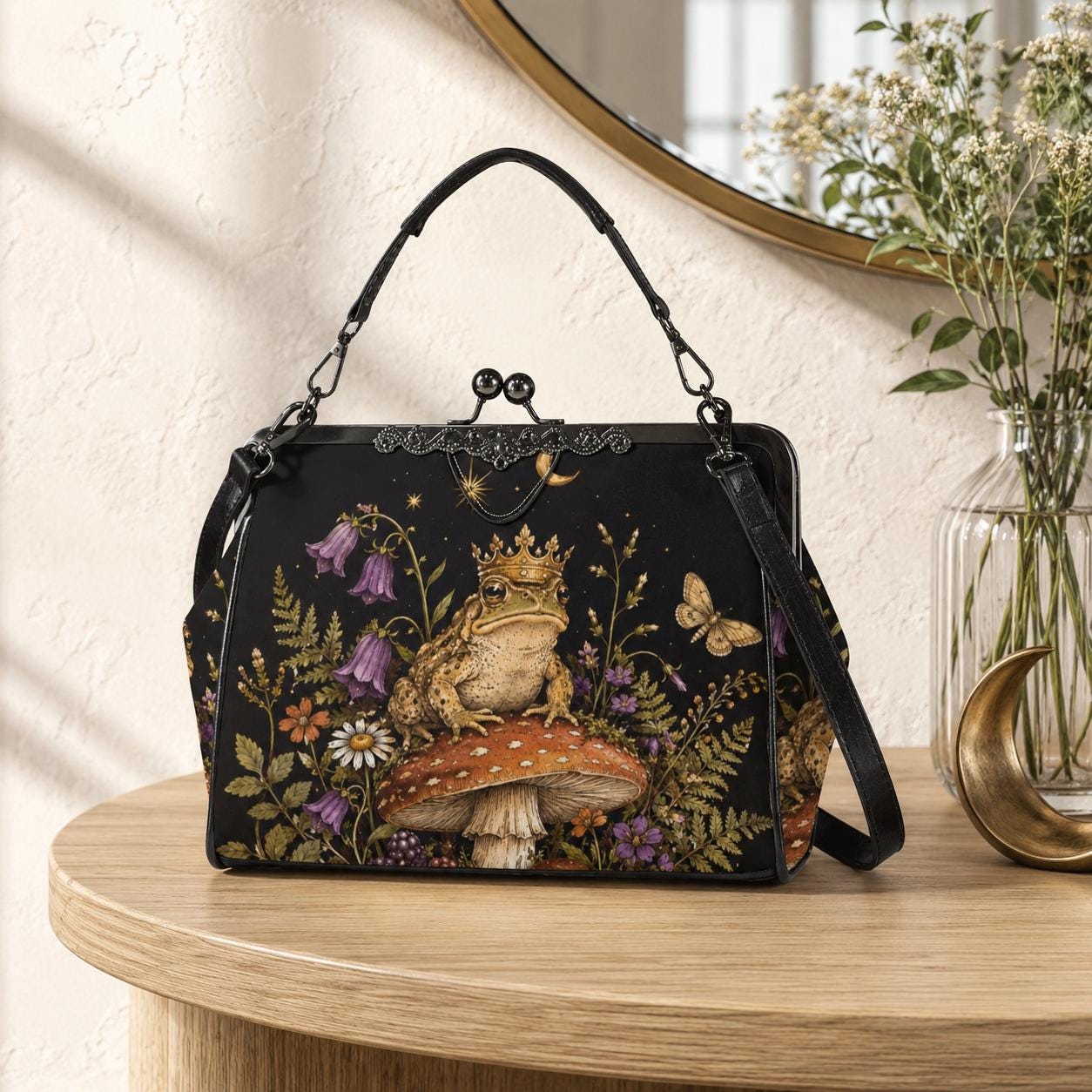Frog King and Mushroom Print Kiss Lock Handbag with Crossbody Strap