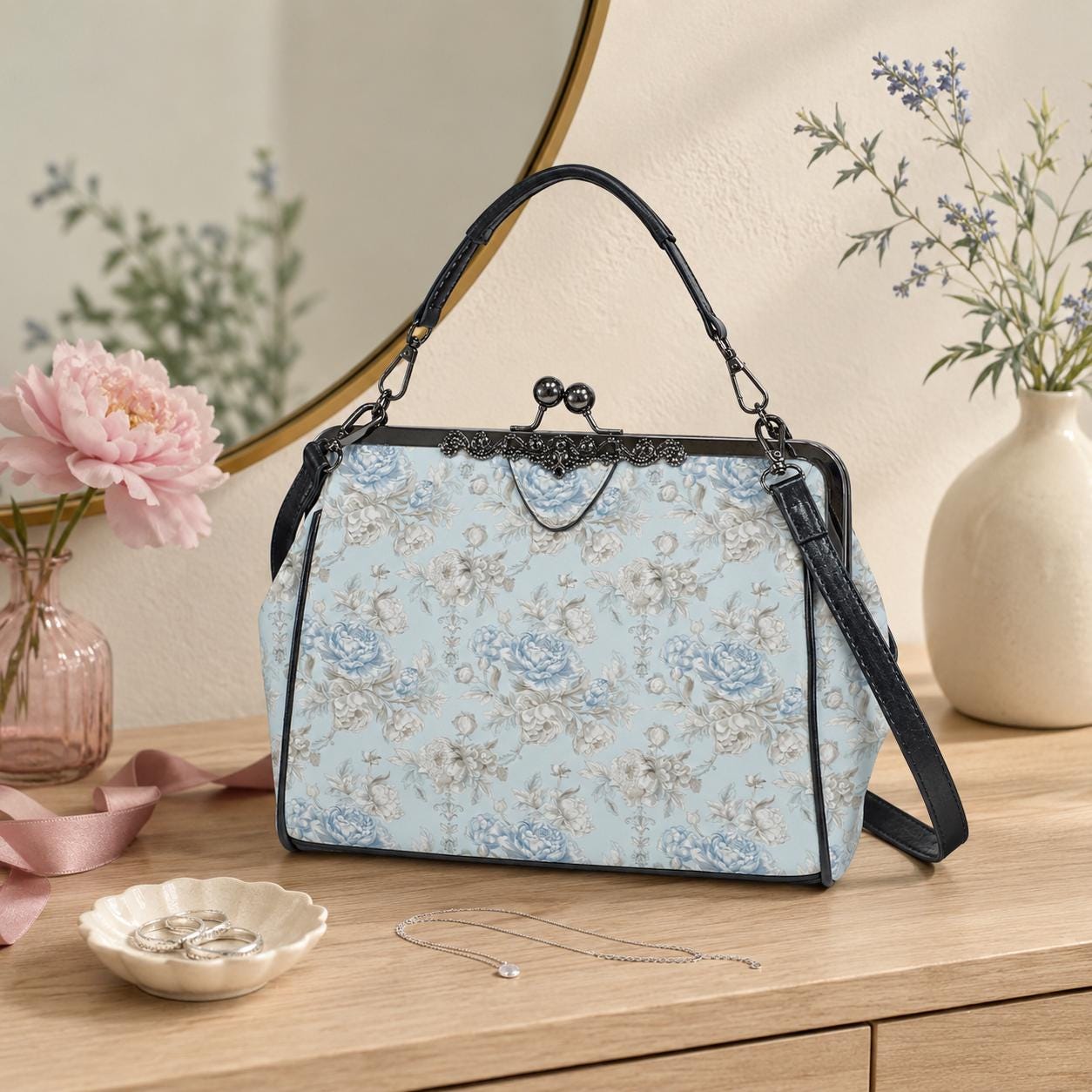Blue Floral Kiss Lock Handbag, Vintage Style Rose Print Shoulder Bag