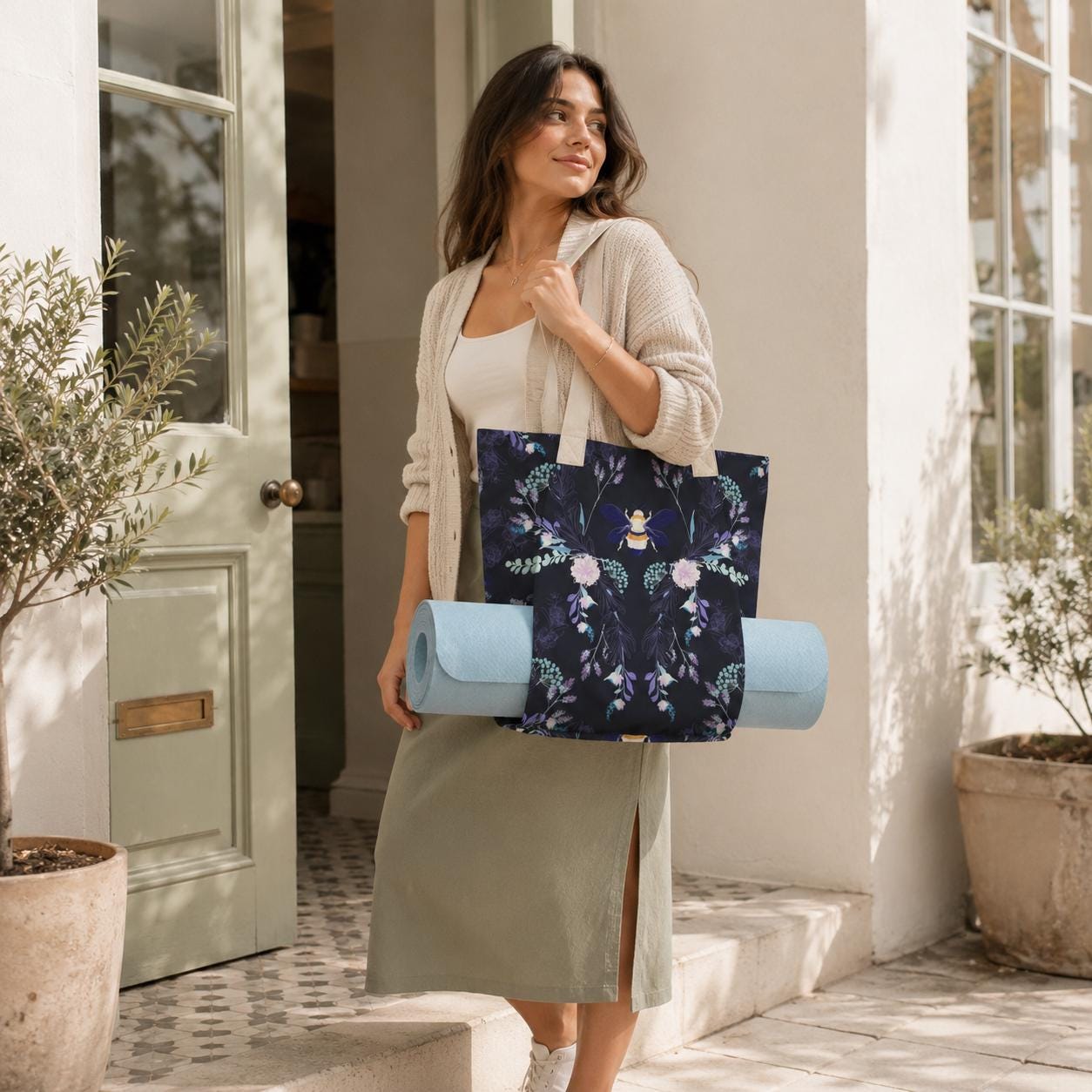 Dark Floral Bee Yoga Tote Bag with Mat Holder, Navy Canvas Shoulder Bag