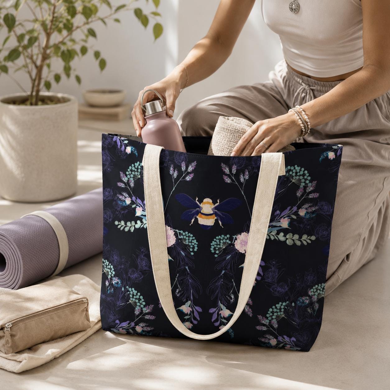 Dark Floral Bee Yoga Tote Bag with Mat Holder, Navy Canvas Shoulder Bag