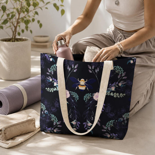 Dark Floral Bee Yoga Tote Bag with Mat Holder, Navy Canvas Shoulder Bag