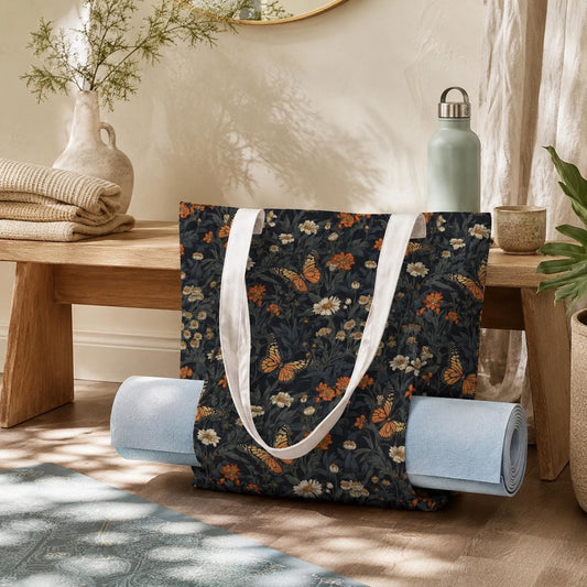 Cottagecore Yoga Bag, Monarch Butterfly Floral Tote with Mat Holder