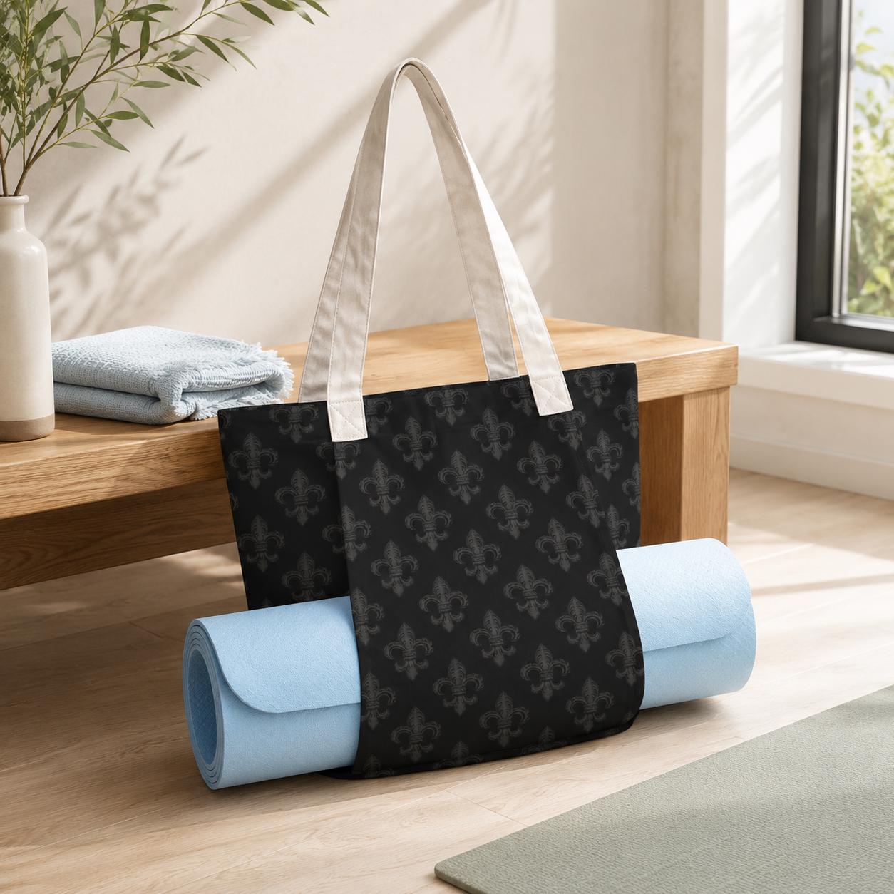 Black Fleur de Lis Yoga Mat Tote Bag, Canvas Gym Shoulder Bag