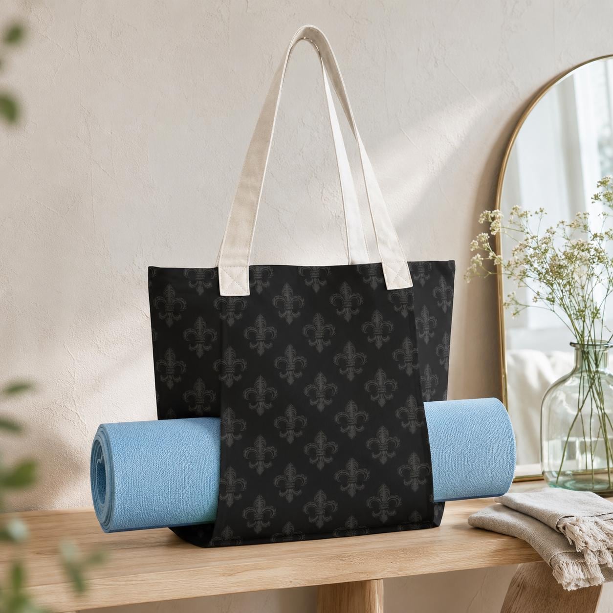 Black Fleur de Lis Yoga Mat Tote Bag, Canvas Gym Shoulder Bag