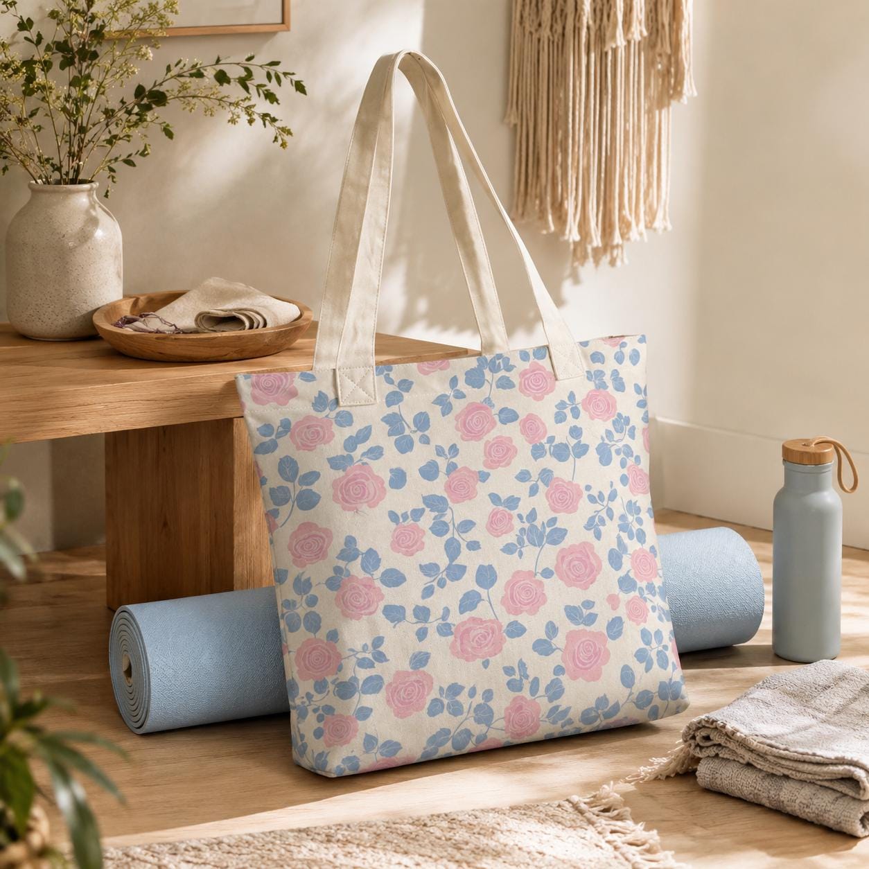Floral Yoga Tote Bag, Pink Rose Blue Leaf Print Canvas Mat Carrier