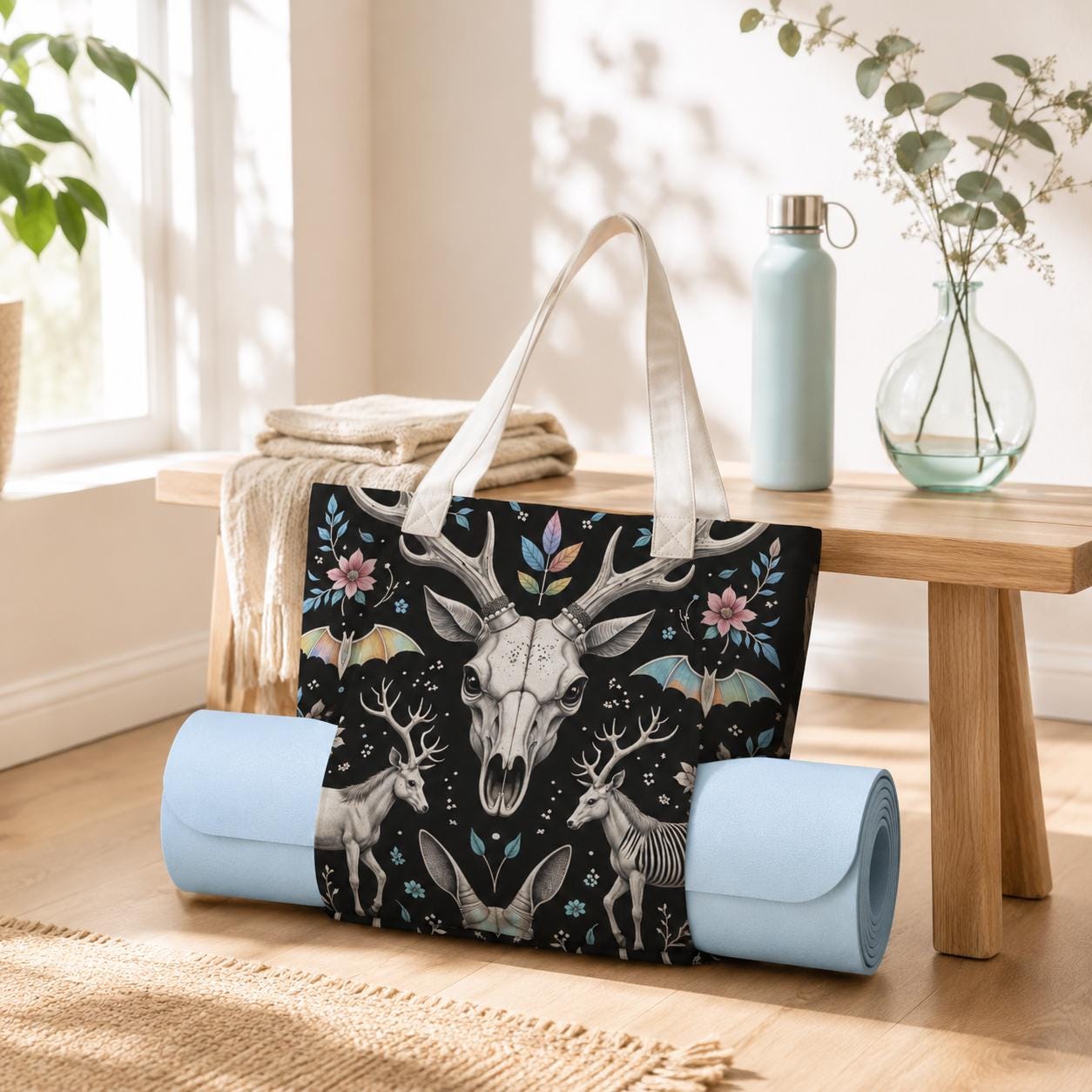Dark Folk Art Deer Skull Tote Bag, Antlers Flowers Canvas Shoulder Bag
