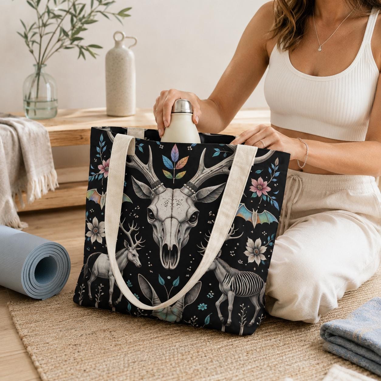 Dark Folk Art Deer Skull Tote Bag, Antlers Flowers Canvas Shoulder Bag