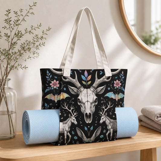 Dark Folk Art Deer Skull Tote Bag, Antlers Flowers Canvas Shoulder Bag