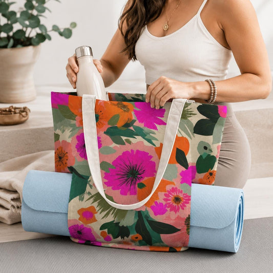 Bright Floral Yoga Tote Bag, Magenta Poppy Canvas Mat Carrier
