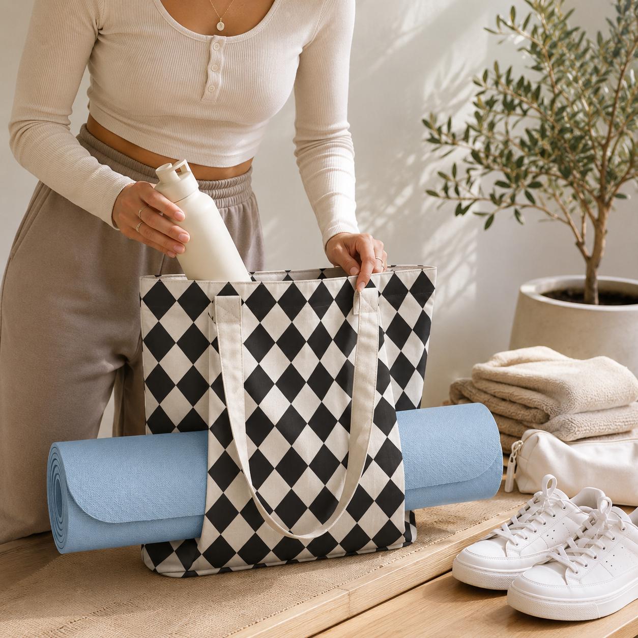 Black White Diamond Print Canvas Tote Bag, Harlequin Shoulder Bag, Work Errands Style