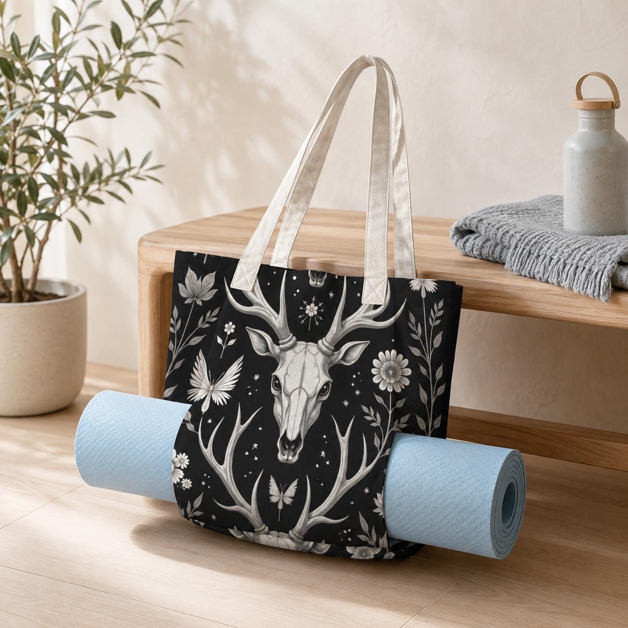 Deer Skull Yoga Tote Bag, Antler Floral Print Mat Carrier, Large Witchy Gym Bag