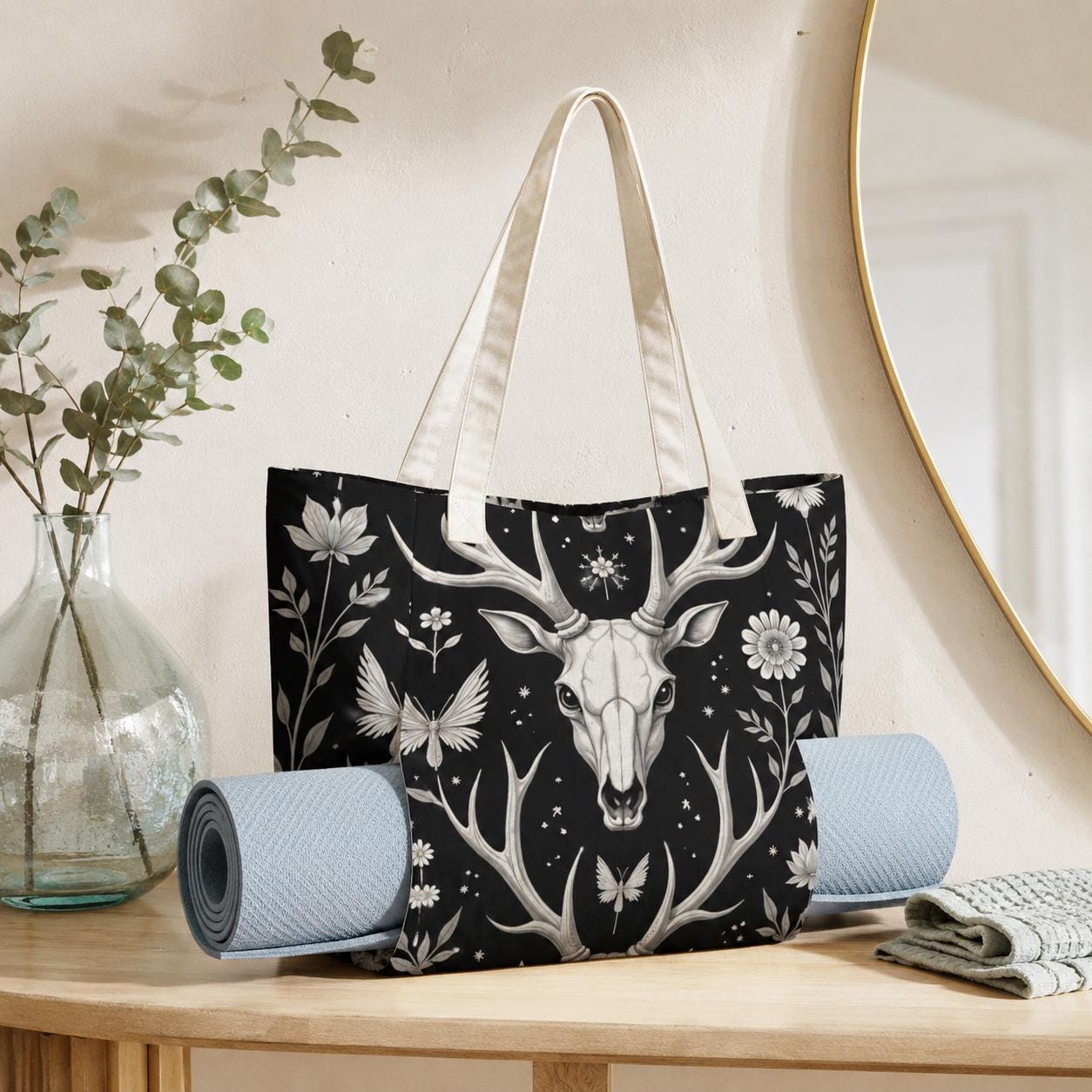 Deer Skull Yoga Tote Bag, Antler Floral Print Mat Carrier, Large Witchy Gym Bag