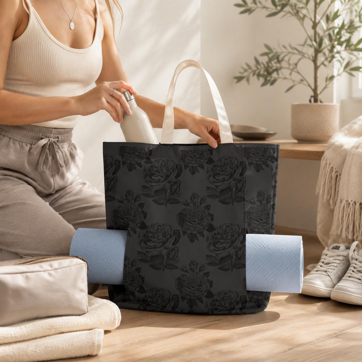 Dark Floral Yoga Mat Tote Bag, Black Rose Print Gym Shoulder Bag