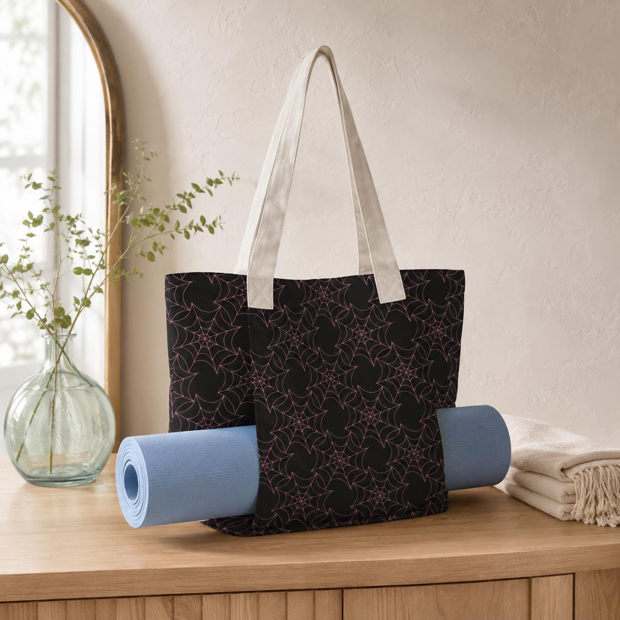 Celestial Star Print Yoga Mat Tote Bag, Black Canvas Shoulder Bag