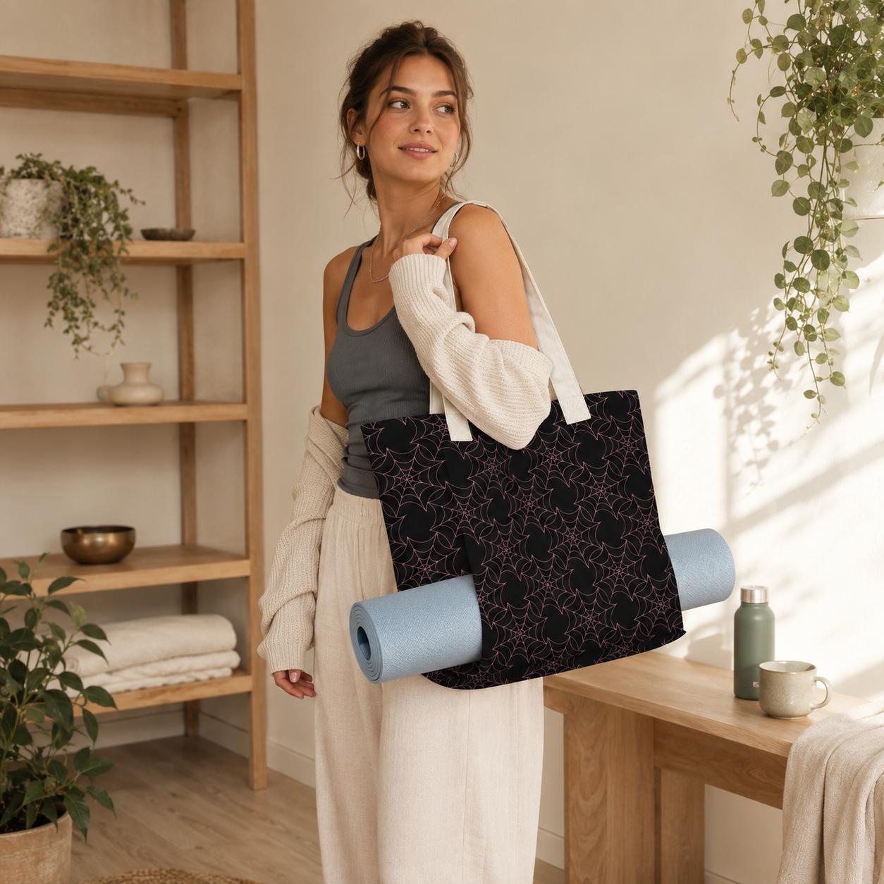 Celestial Star Print Yoga Mat Tote Bag, Black Canvas Shoulder Bag