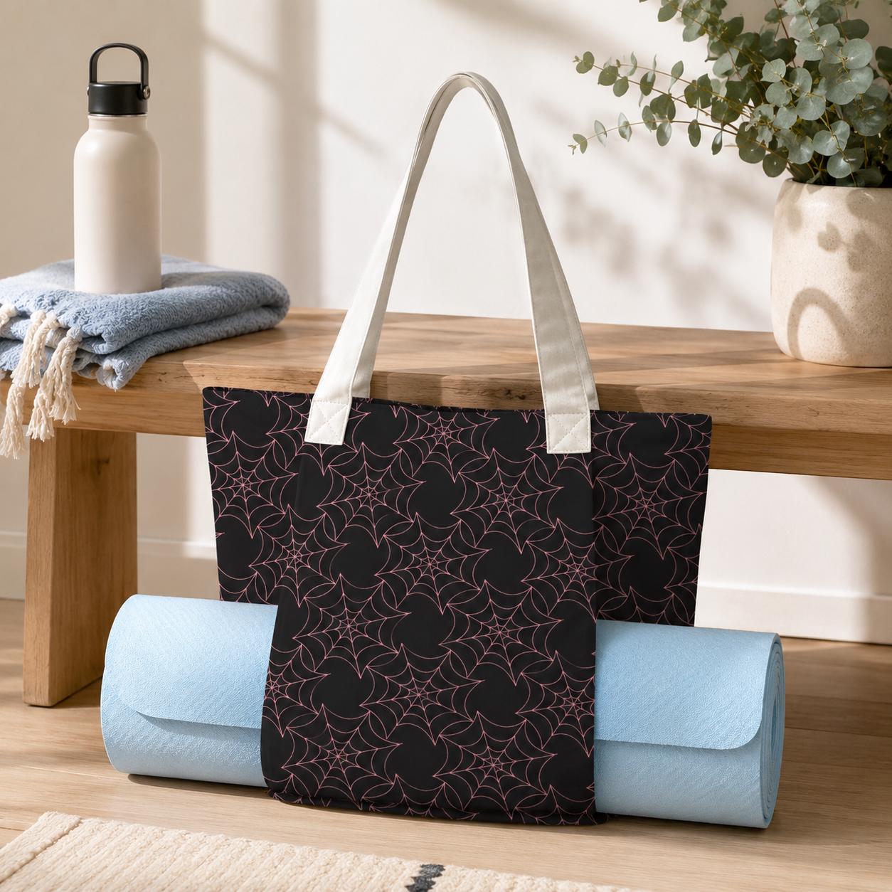 Celestial Star Print Yoga Mat Tote Bag, Black Canvas Shoulder Bag