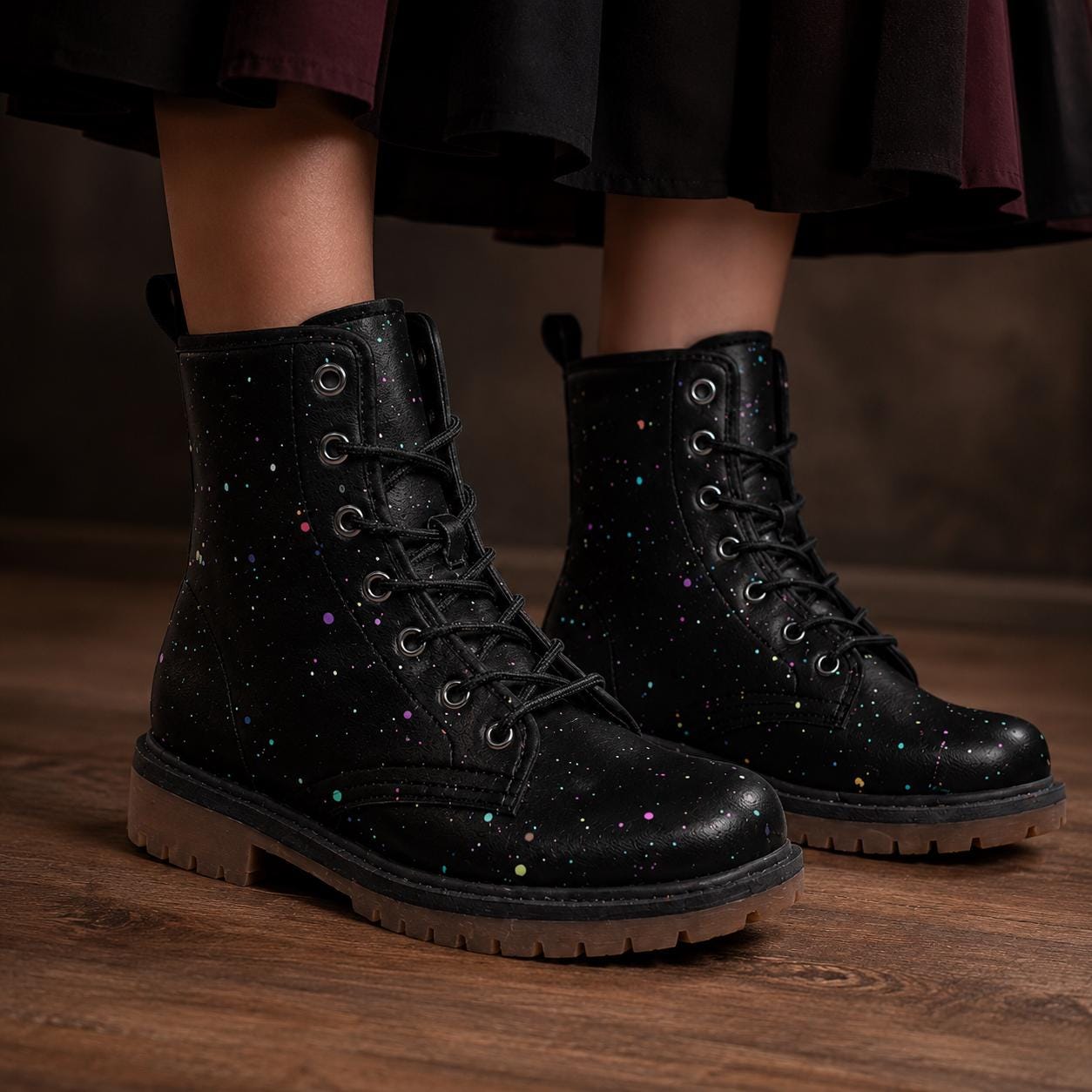 Black Paint Splatter Combat Boots, Colorful Festival Lace Up Ankle Shoes