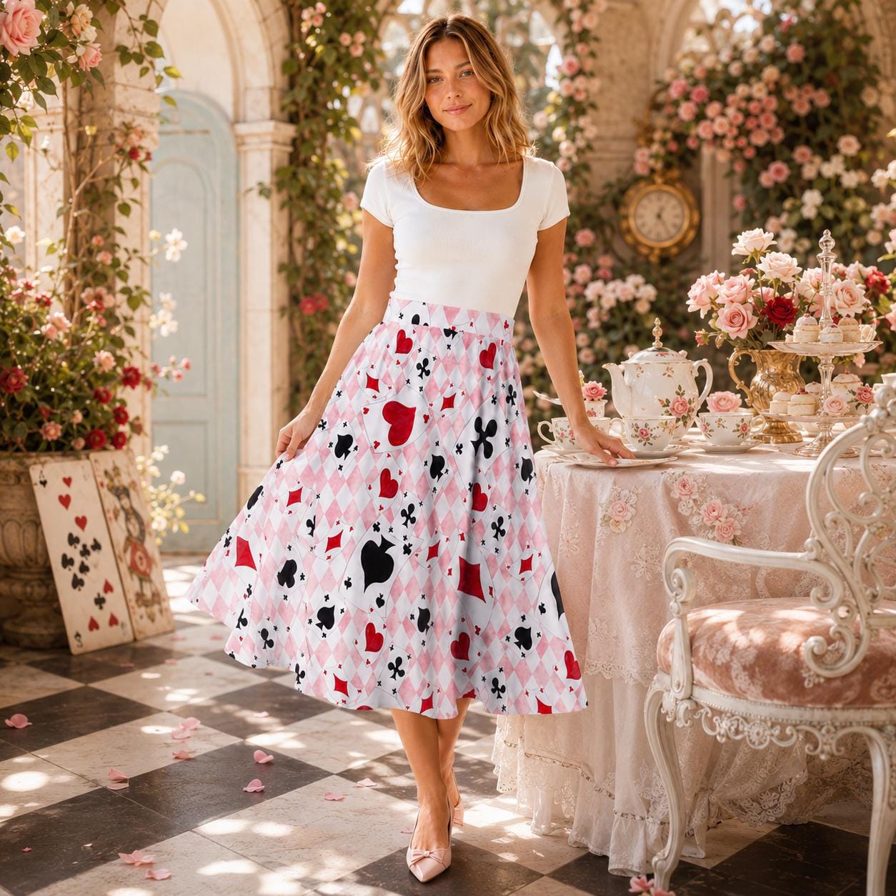 Alice In Wonderland Midi Skirt, Pink Harlequin Playing Card Print, High Waist Pockets
