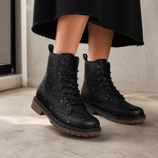 Black Paint Splatter Combat Boots, Colorful Festival Lace Up Ankle Shoes