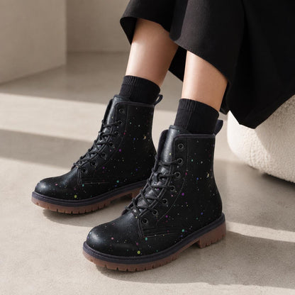 Black Paint Splatter Combat Boots, Colorful Festival Lace Up Ankle Shoes