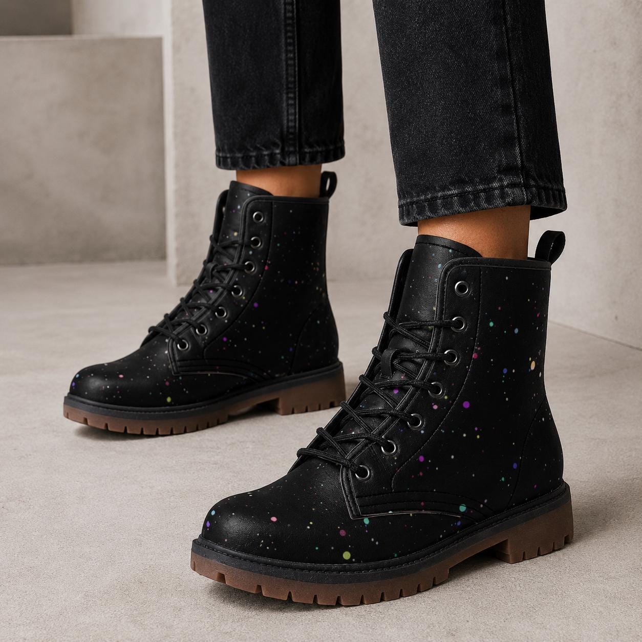 Black Paint Splatter Combat Boots, Colorful Festival Lace Up Ankle Shoes