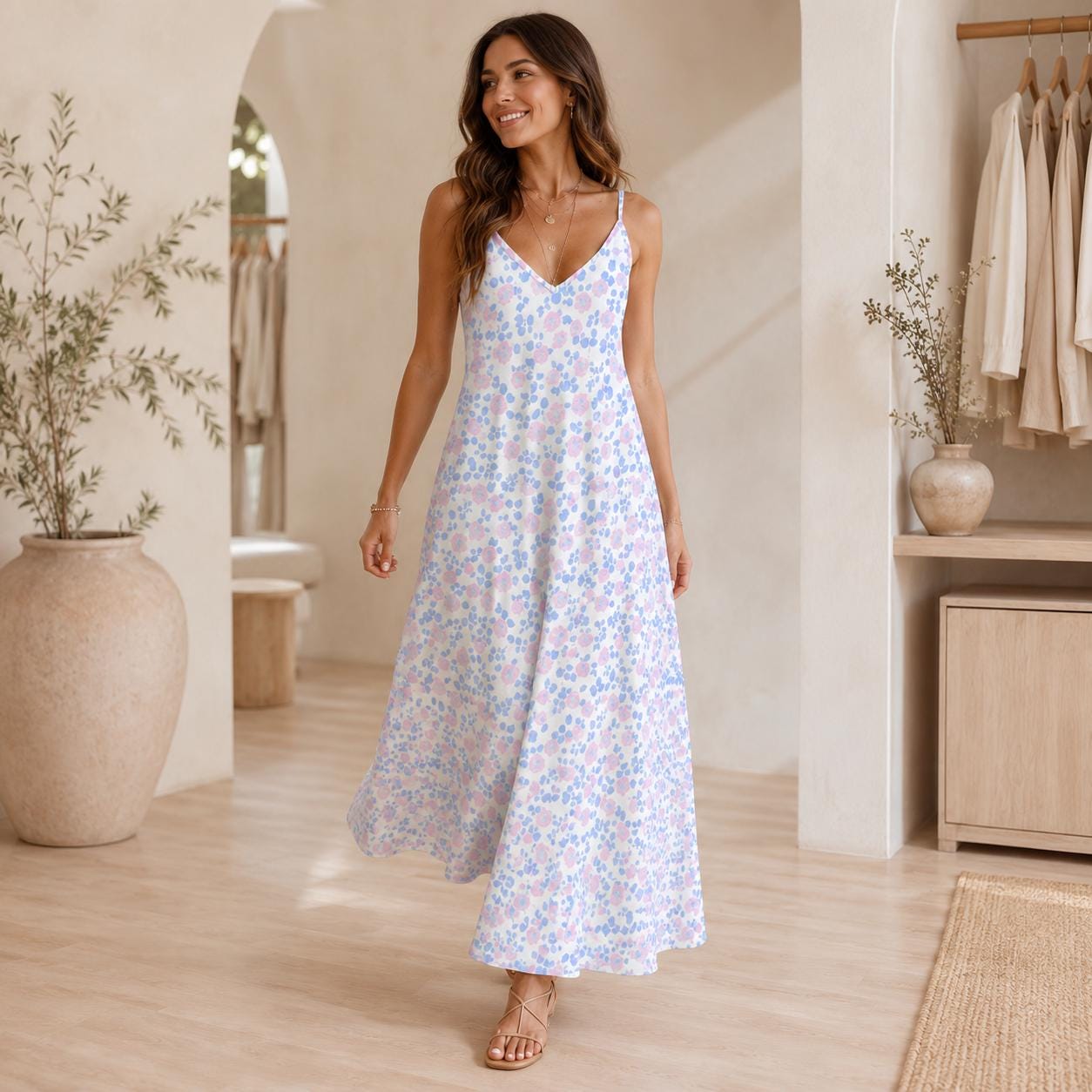Ditsy Floral Maxi Dress, White Blue Pink Sleeveless Summer Sundress