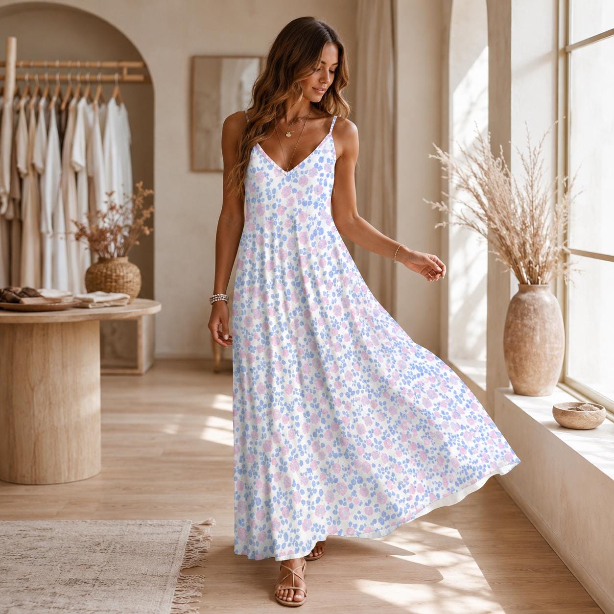 Ditsy Floral Maxi Dress, White Blue Pink Sleeveless Summer Sundress