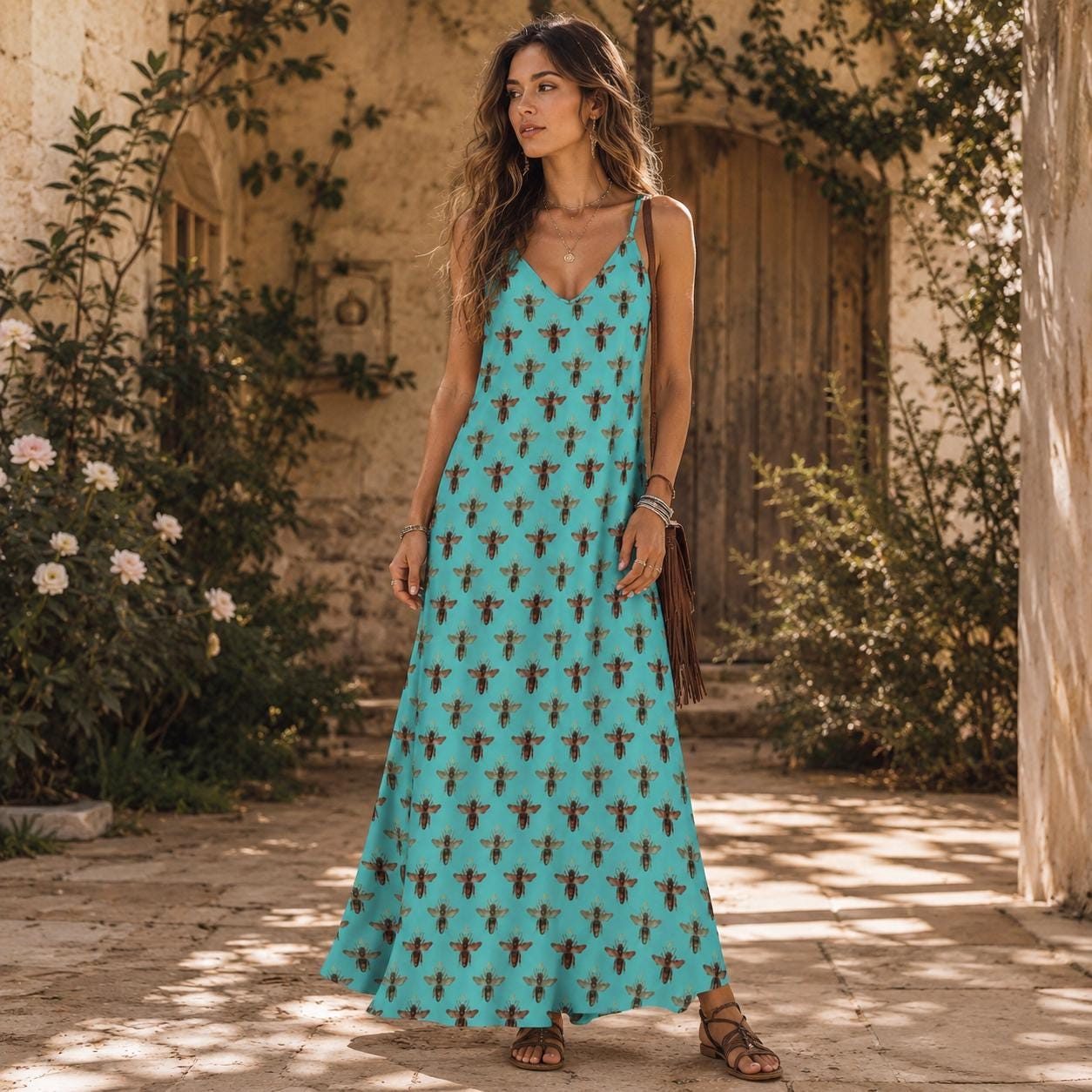Teal Boho Block Print Maxi Dress, Spaghetti Strap Summer Sundress
