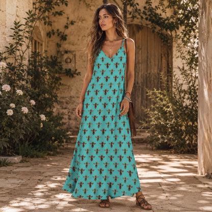 Teal Boho Block Print Maxi Dress, Spaghetti Strap Summer Sundress
