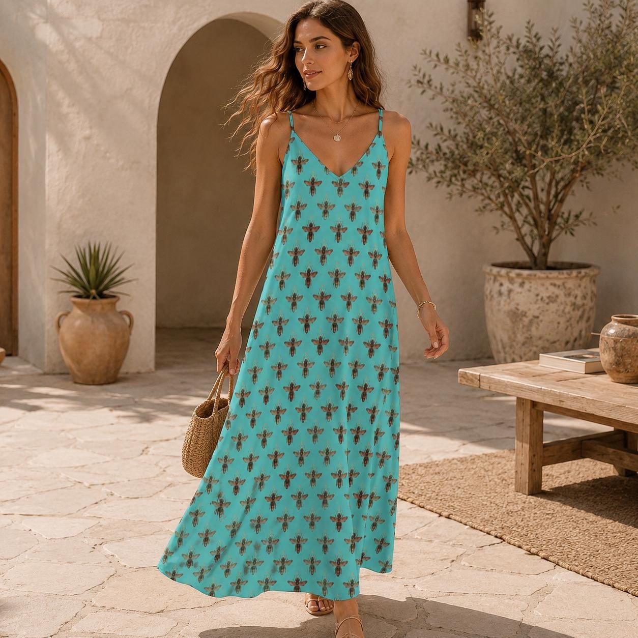 Teal Boho Block Print Maxi Dress, Spaghetti Strap Summer Sundress