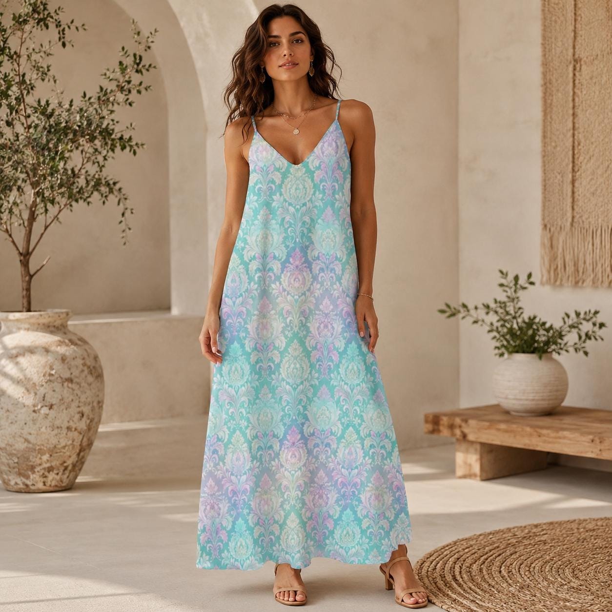 Fairycore Maxi Dress, Mint Green Pastel Damask Print, Iridescent Summer Beach Wear