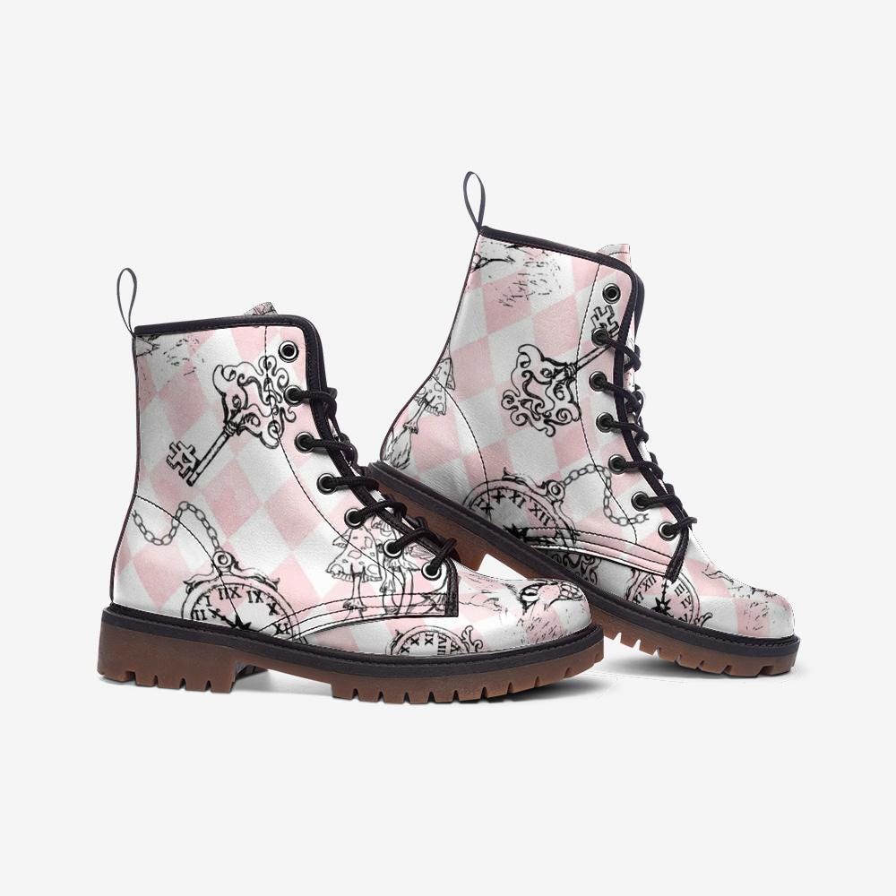 Wonderland Mushroom Combat Boots, Pink Alice Check Lace Up Shoes, Cottagecore Fairycore Print