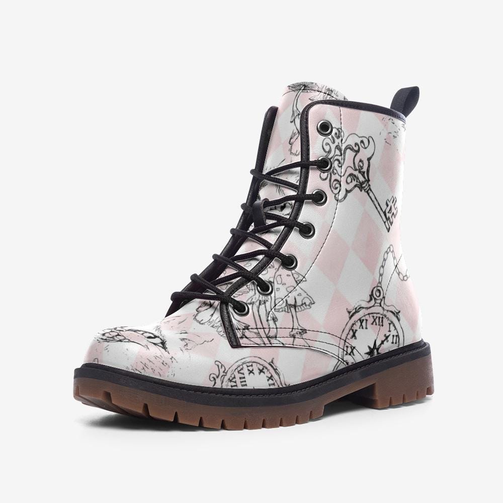 Wonderland Mushroom Combat Boots, Pink Alice Check Lace Up Shoes, Cottagecore Fairycore Print