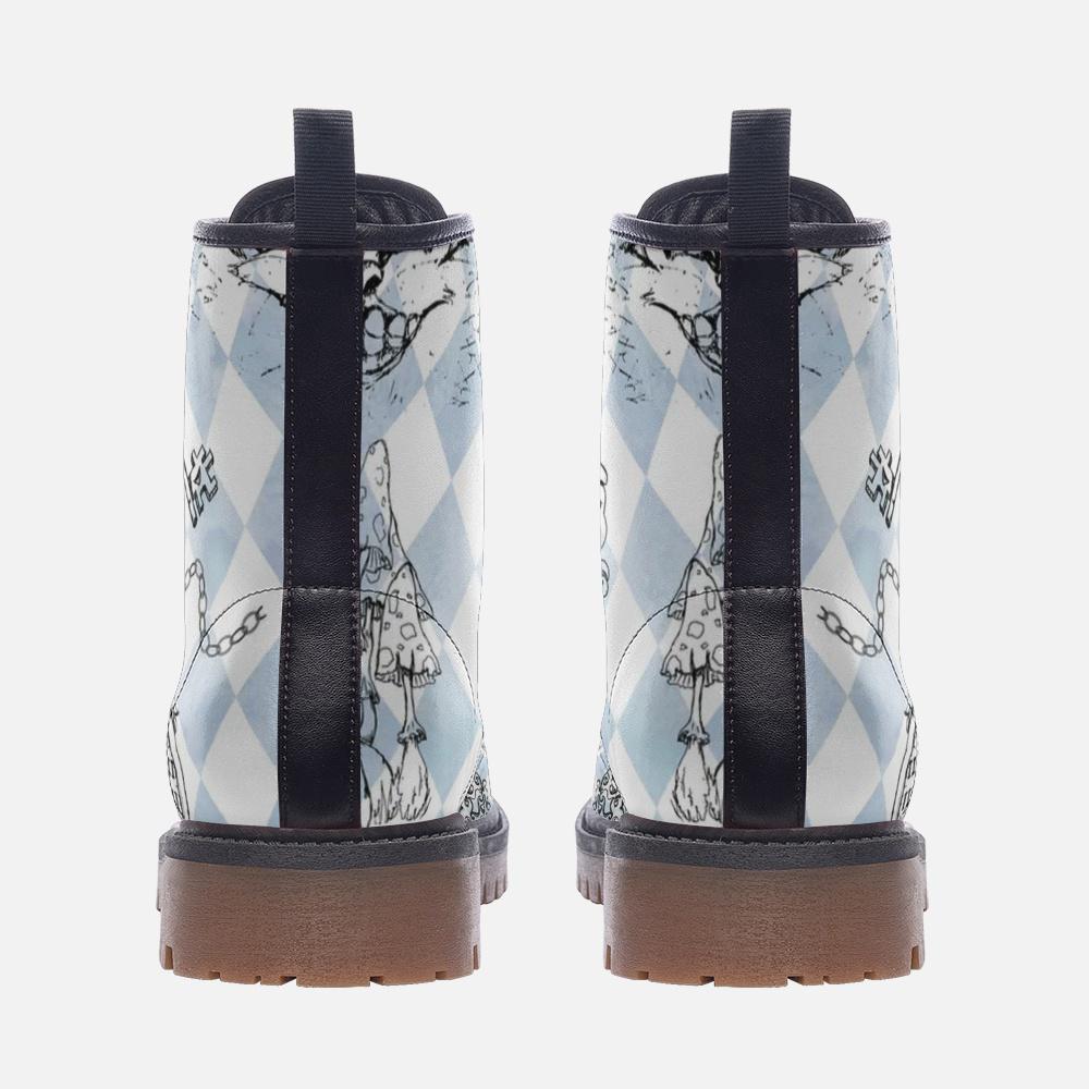 Alice in Wonderland Harlequin Boots, Mushroom Pocket Watch Print, Vegan Leather Lace Up