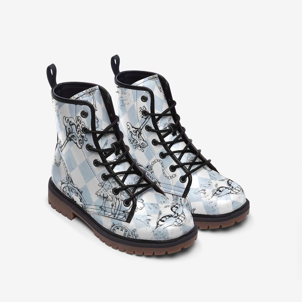 Alice in Wonderland Harlequin Boots, Mushroom Pocket Watch Print, Vegan Leather Lace Up