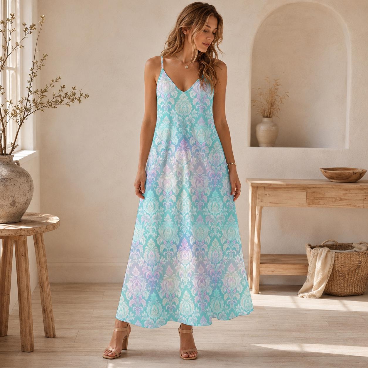Fairycore Maxi Dress, Mint Green Pastel Damask Print, Iridescent Summer Beach Wear
