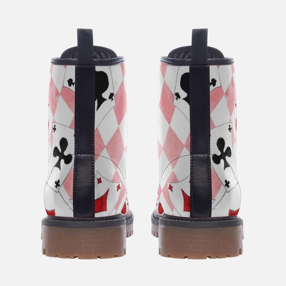 Wonderland Playing Card Combat Boots, Pink Harlequin Check Alice Cosplay Shoes