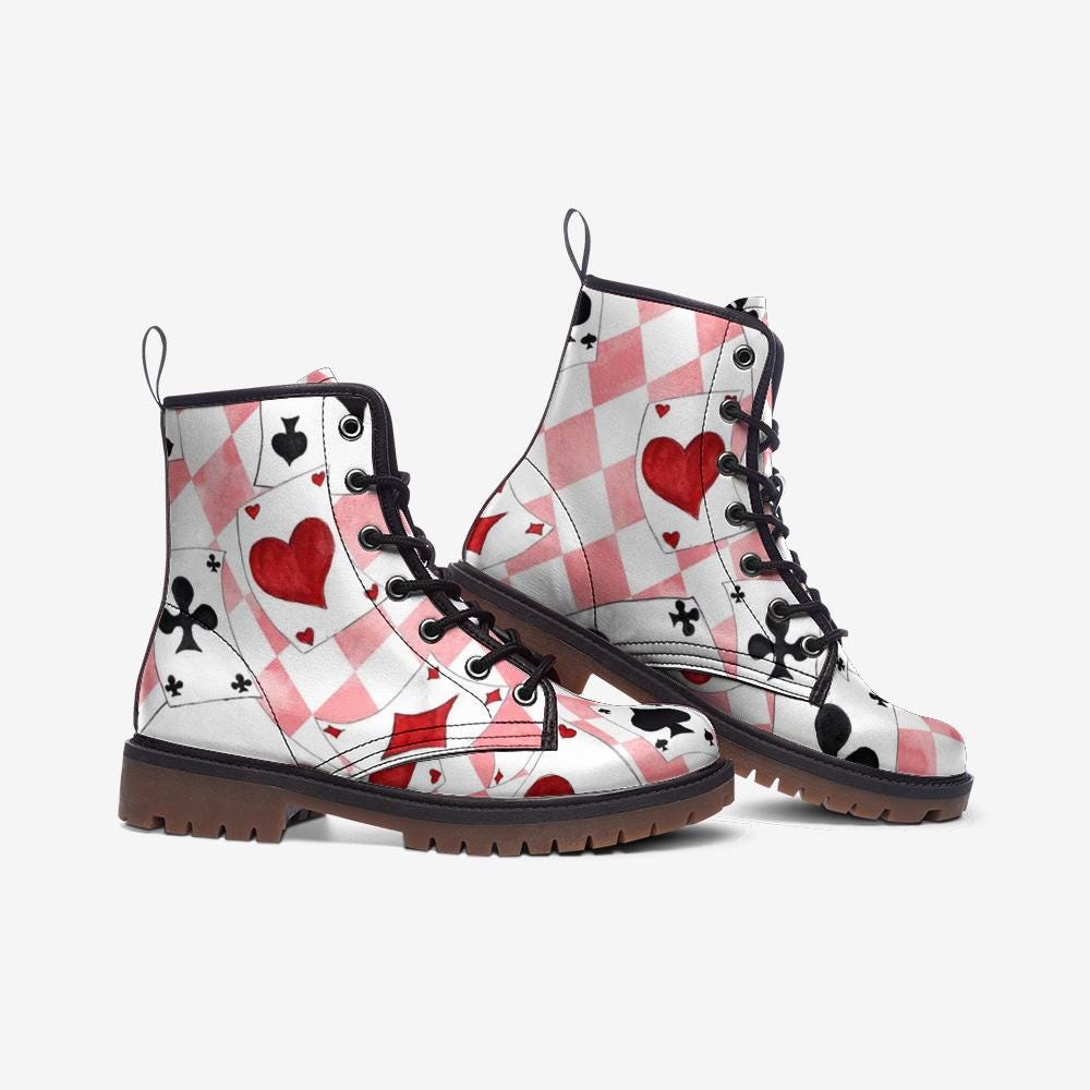 Wonderland Playing Card Combat Boots, Pink Harlequin Check Alice Cosplay Shoes