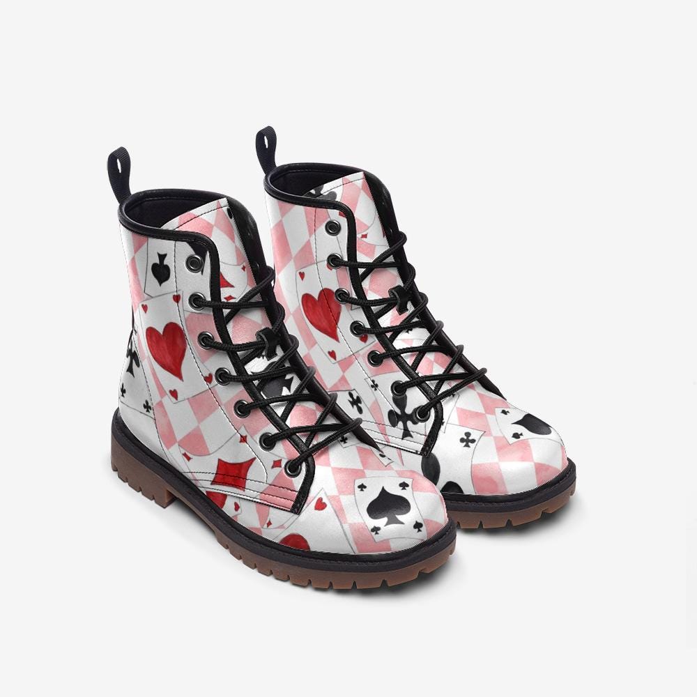 Wonderland Playing Card Combat Boots, Pink Harlequin Check Alice Cosplay Shoes