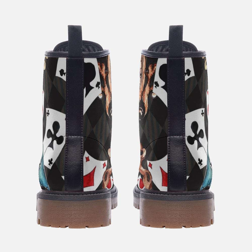 Mad Hatter Watercolor Card Print Combat Boots, Queen of Hearts Lace Up Shoes