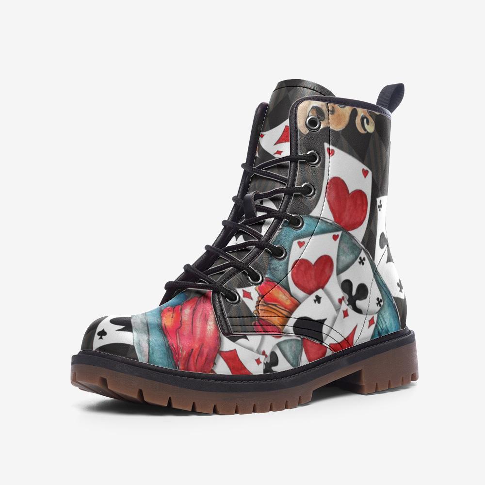 Mad Hatter Watercolor Card Print Combat Boots, Queen of Hearts Lace Up Shoes