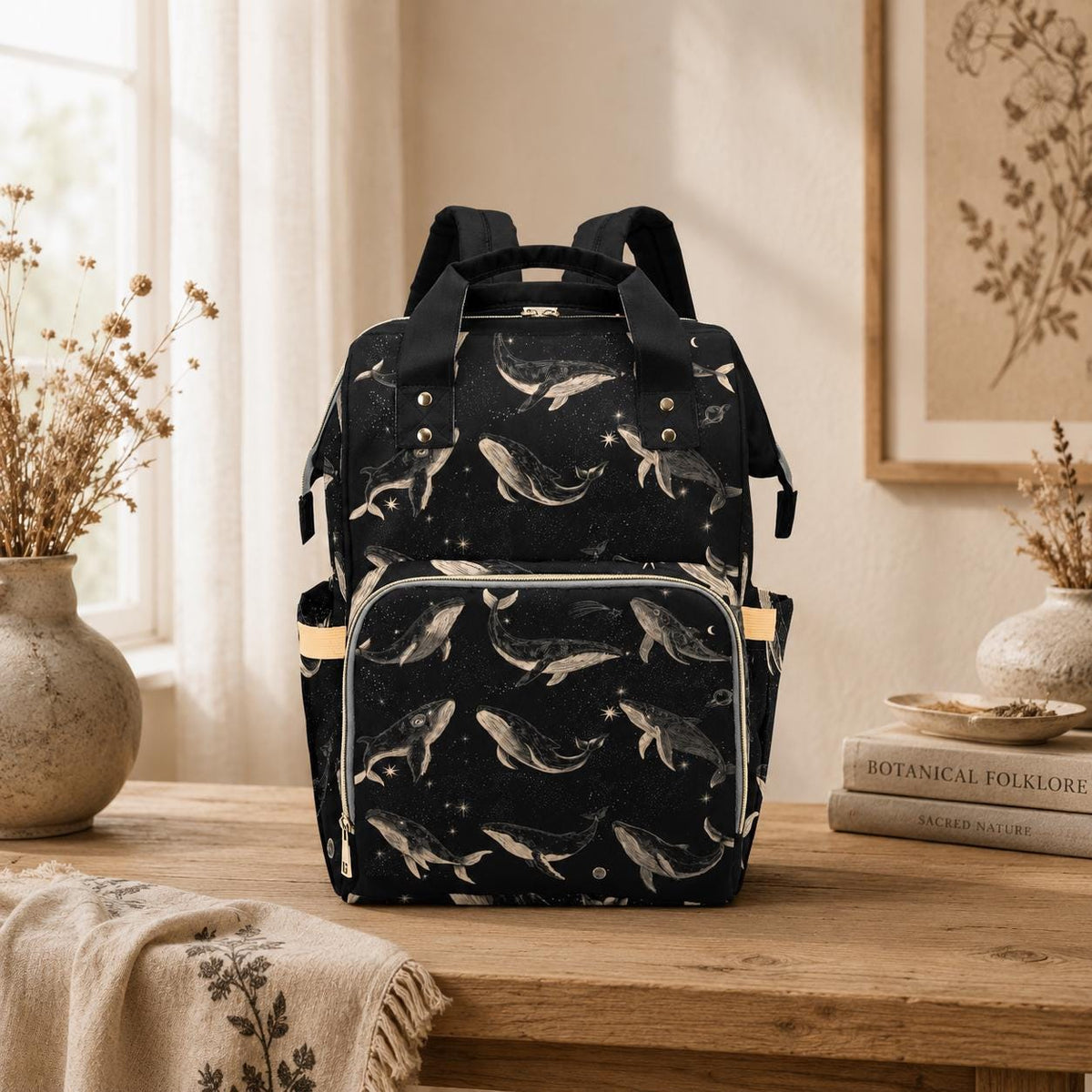 Whale Diaper Bag Backpack, Ocean Baby Travel Bag, Nursery Organizer for Moms