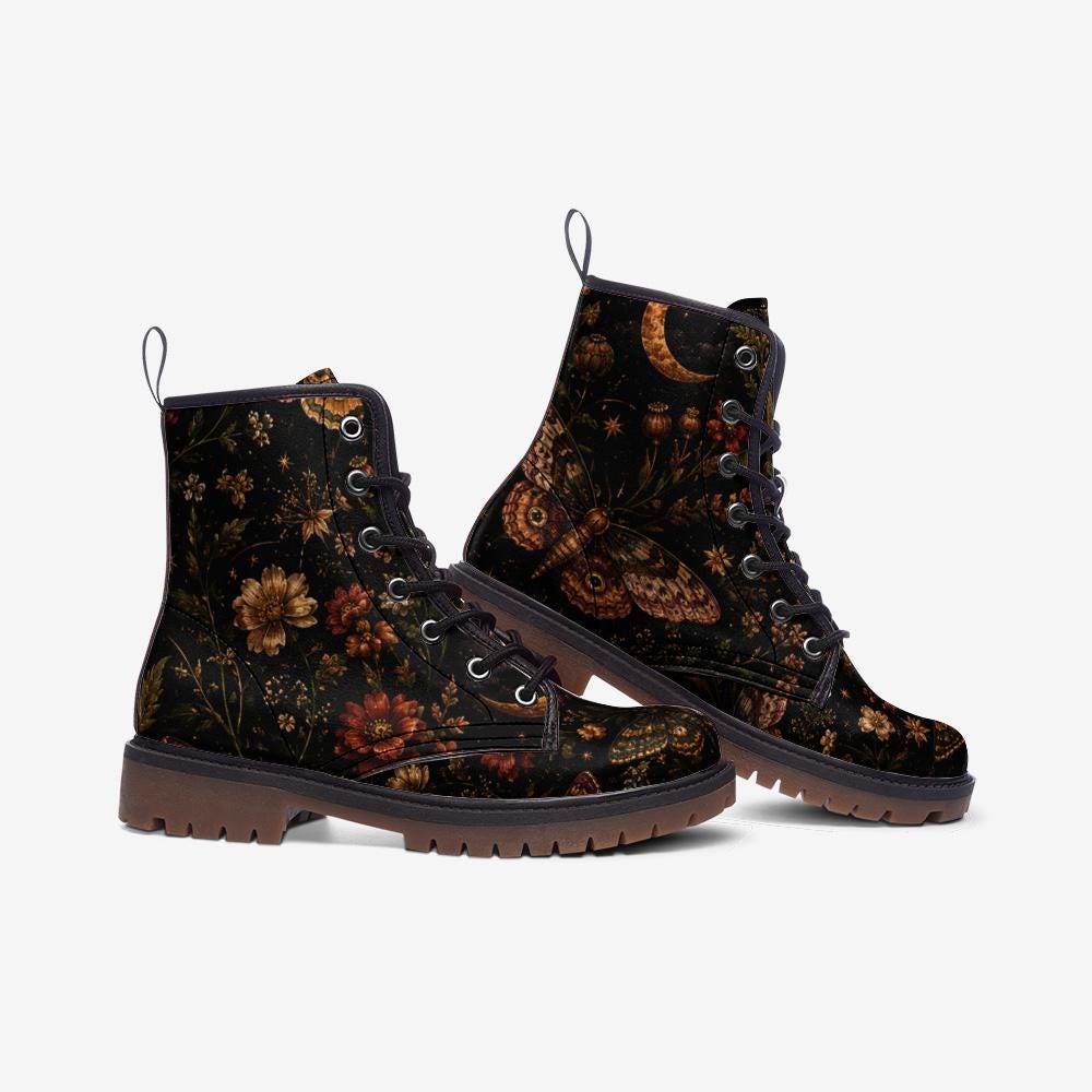 Dark Floral Combat Boots, Moth Moon Lace Up Ankle Boots, Whimsigoth Footwear