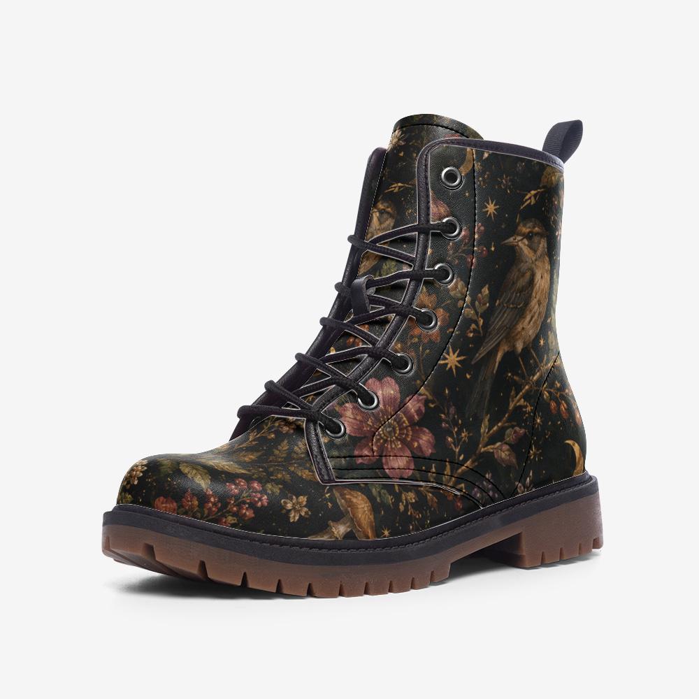Dark Floral Bird Print Combat Boots, Vintage Botanical Lace Up Shoes