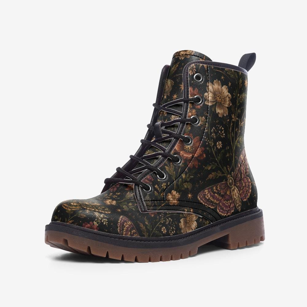 Dark Floral Moth Print Combat Boots with Lace Up Front