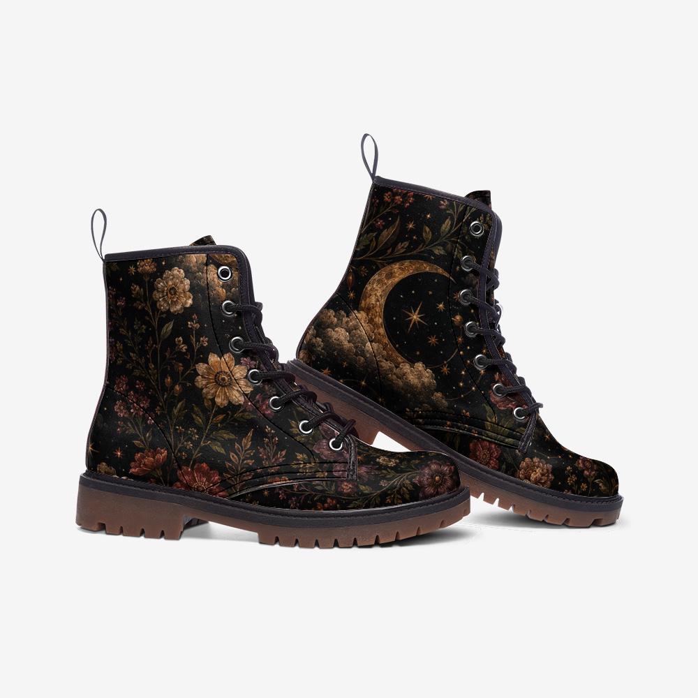 Celestial Floral Combat Boots, Moon Stars Ankle Booties, Dark Cottagecore Lace Up