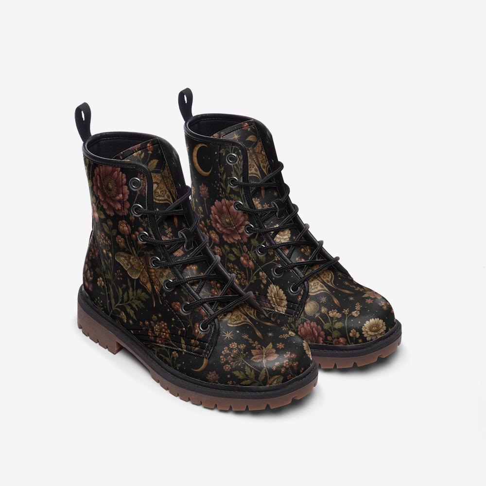Dark Floral Moth Moon Lace Up Boots, Botanical Print Ankle Footwear